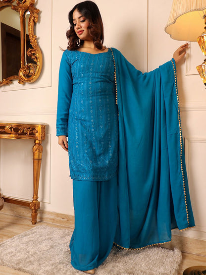 Dhiyona KL Embroidered Mirror Work Silk Georgette Kurta with Palazzos & Dupatta