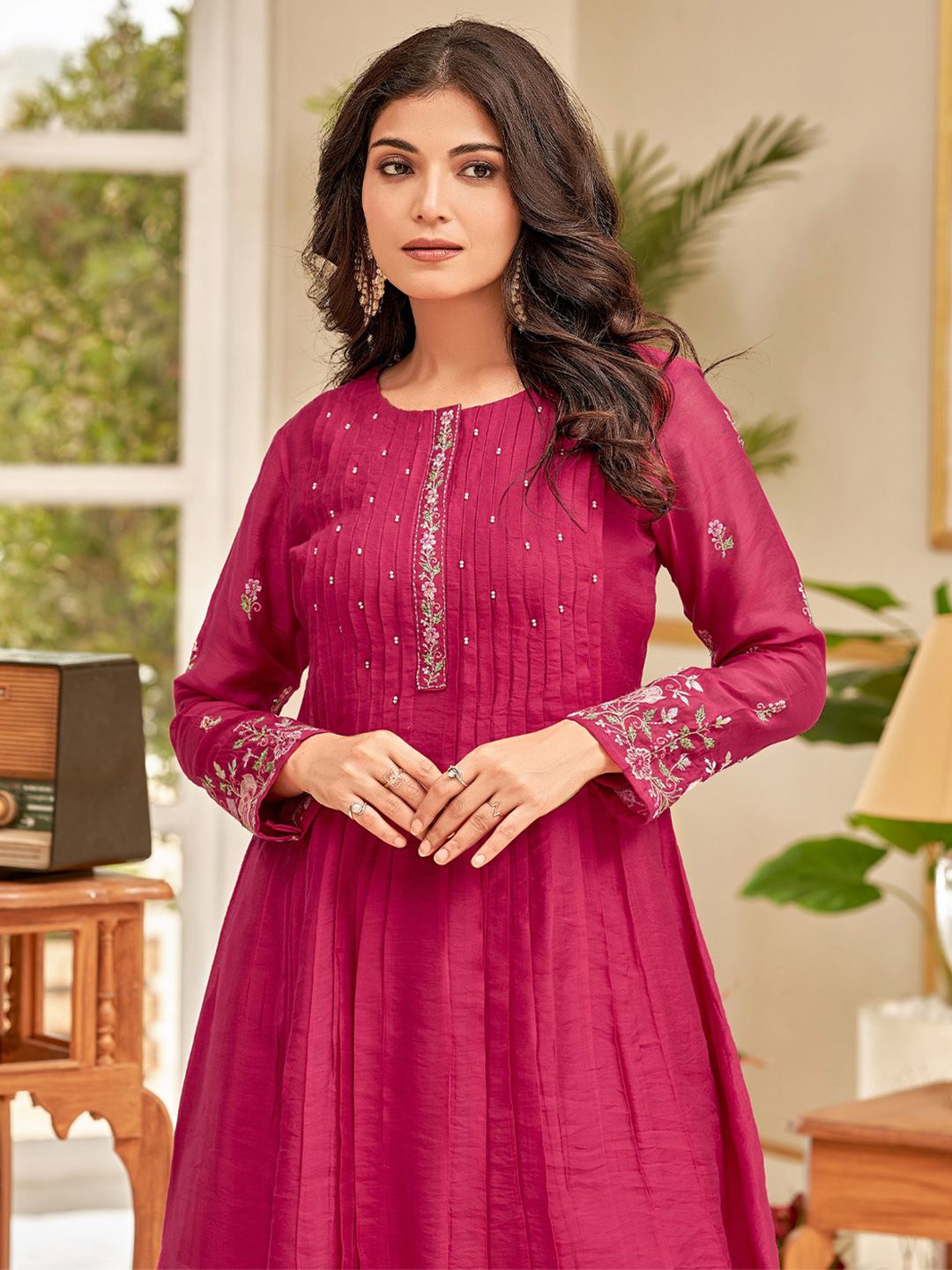 Pink Floral Embroidered Thread Work Chanderi Cotton A-Line Kurta With Palazzos