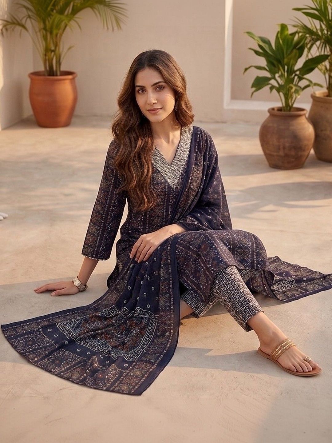 Navy Blue Women Ethnic Motifs Printed Regular Thread Work Kurta with Trousers & With Dupatta