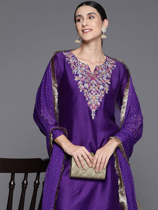 Dhiyona VA Women Floral Yoke Design Sequinned Chanderi Silk Kurta with Palazzos & Dupatta