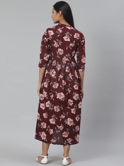 Dhiyona AY Women's Burgundy & Pink Floral Printed Pure Cotton Maternity A-Line Dress