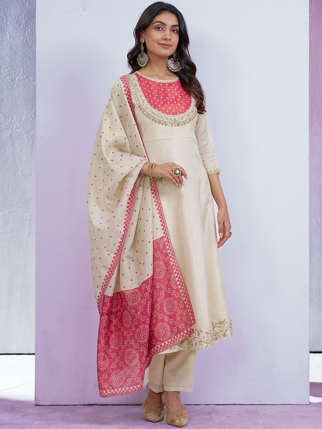 Dhiyona CH Women Floral Embroidered A-Line Kurta with Trousers & Dupatta