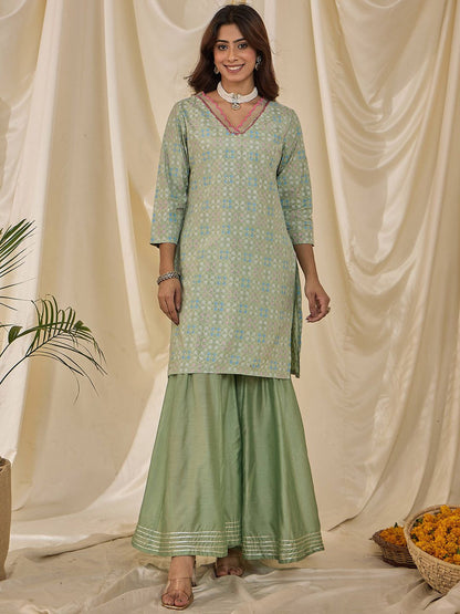 Dhiyona HOP Floral Printed V-Neck Straight Kurta & Sharara With Dupatta