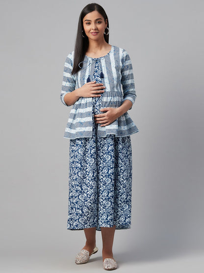 Dhiyona AY Women's Blue & White Ethnic Motifs Printed Cotton Maternity A-Line Dress with Ethnic Jacket