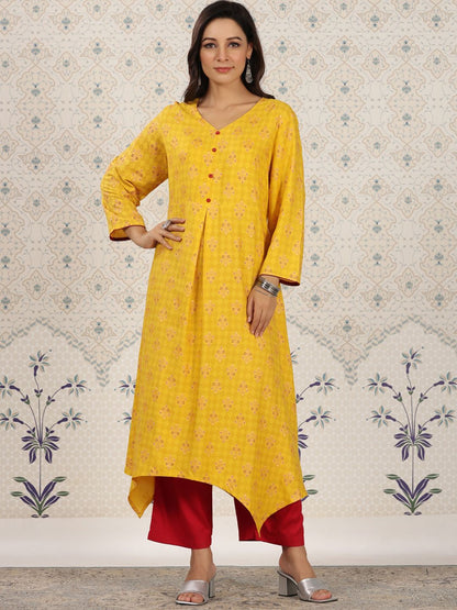Dhiyona OD  Ethnic Motifs Printed V-Neck Asymmetric A-Line Kurta