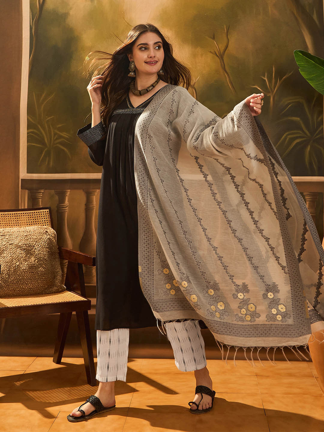 Summer Embroidered Zari V-Neck Straight Kurta & Palazzo With Dupatta