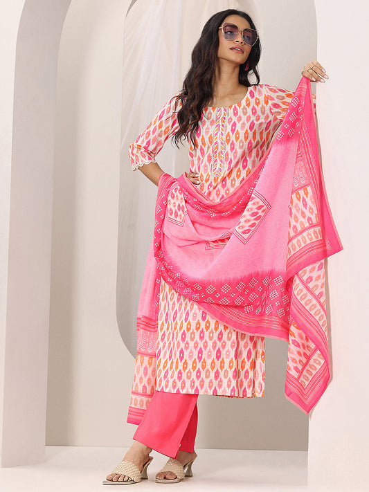 Pink Abstract Printed Round Neck Sequinned Straight Kurta With Trousers & Dupatta