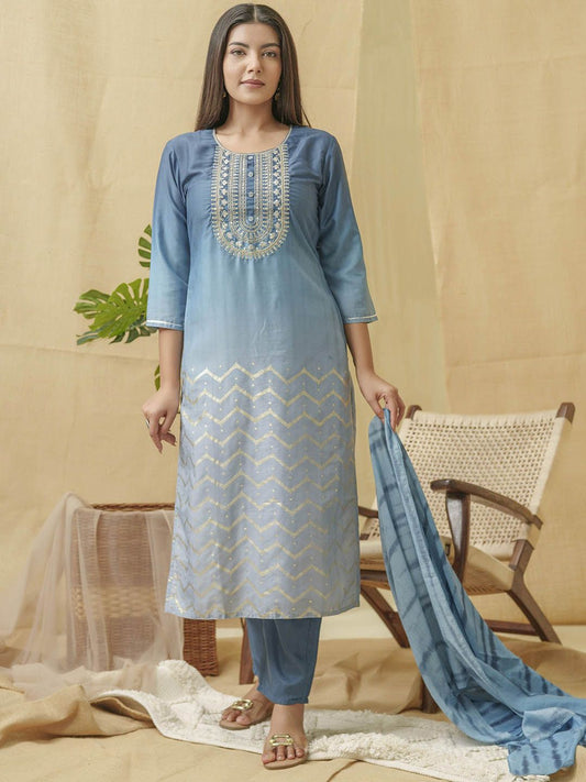 Dhiyona IS Women's Embroidered Round Neck Three-Quarter Sleeves Thread Work Linen Kurta Set