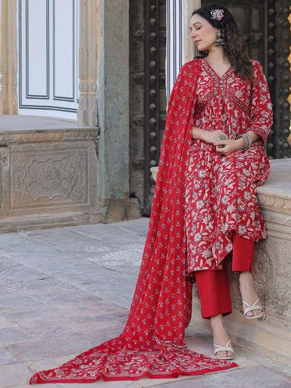 Dhiyona RR Women's Floral Printed Empire Sequinned Pure Cotton Kurta With Trousers & Dupatta