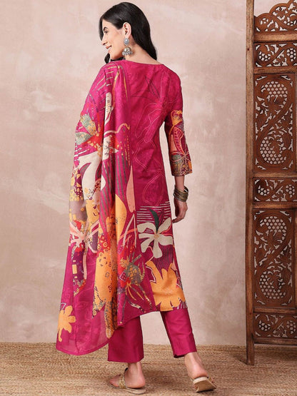 Dhiyona KL Floral Printed V Neck A-Line Kurta With Trousers & Dupatta
