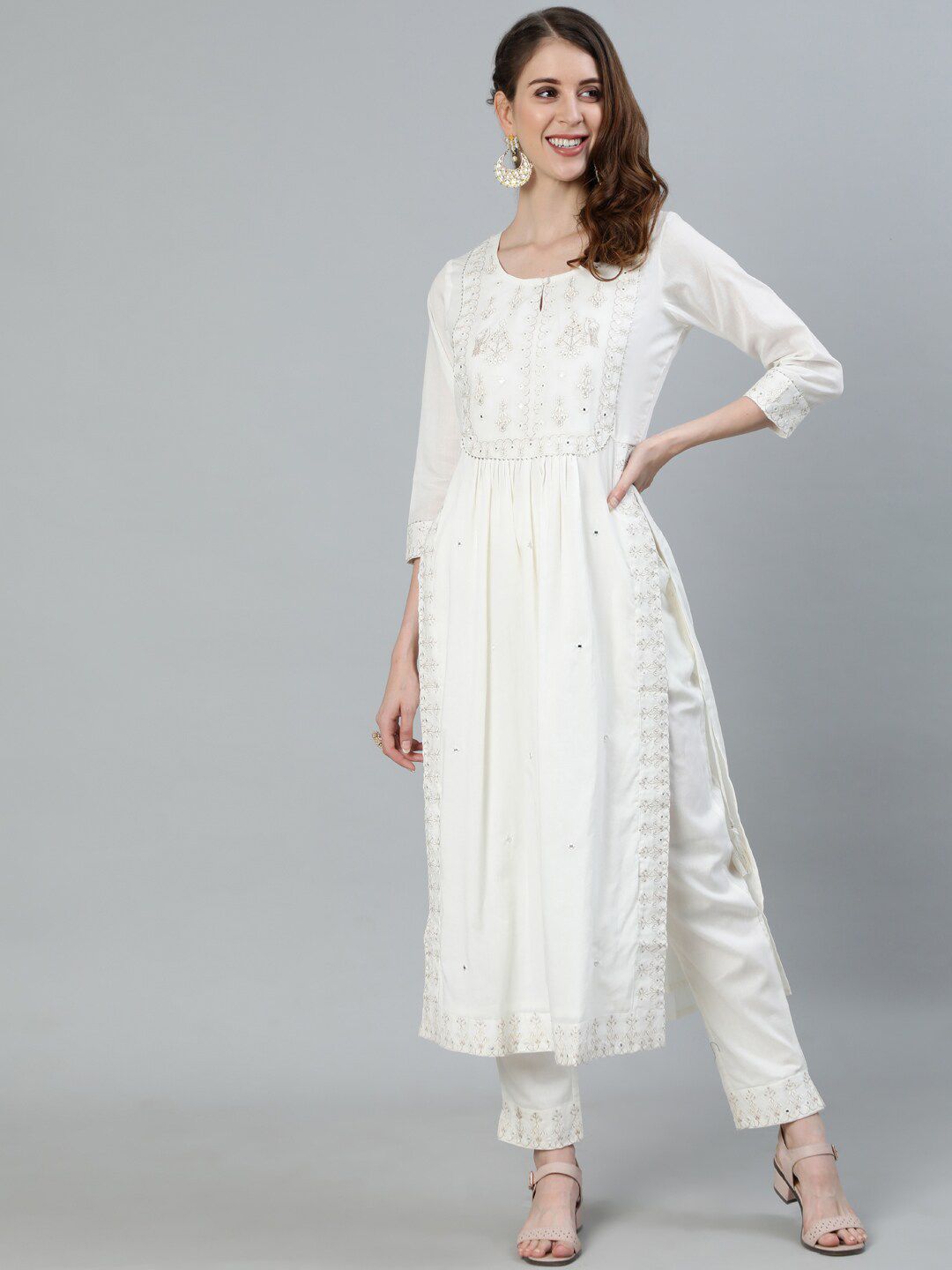 Dhiyona IS Women's Women Off White Ethnic Motifs Embroidered Pure Cotton Kurta with Trousers