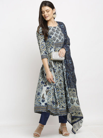 Dhiyona KL Ethnic Motifs Printed Pure Cotton Anarkali Kurta with Trousers & Dupatta