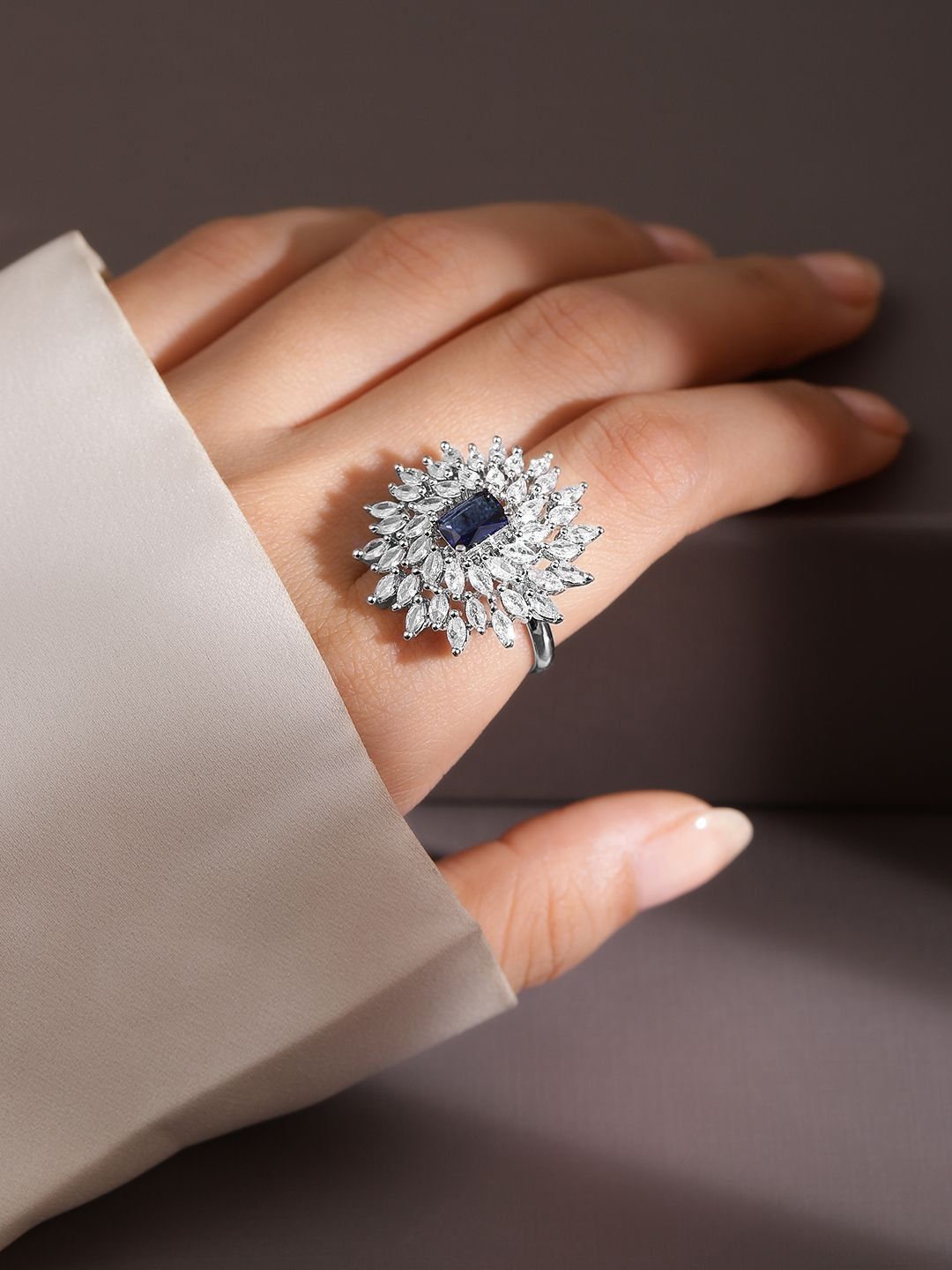 Dhiyona RJ Women's Rhodium-Plated Blue Sapphire & White CubicZirconia Studded Adjustable Cocktail Ring