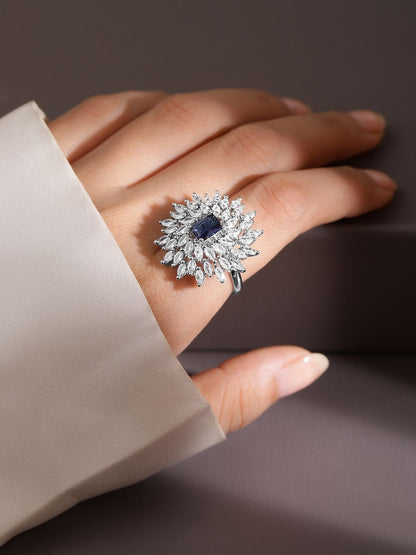 Dhiyona RJ Women's Rhodium-Plated Blue Sapphire & White CubicZirconia Studded Adjustable Cocktail Ring