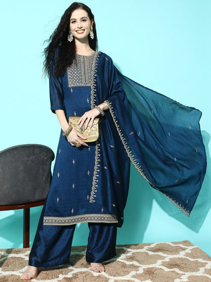 Dhiyona SN Geometric Embroidered Yoke Sequined Straight Kurta & Palazzo With Dupatta