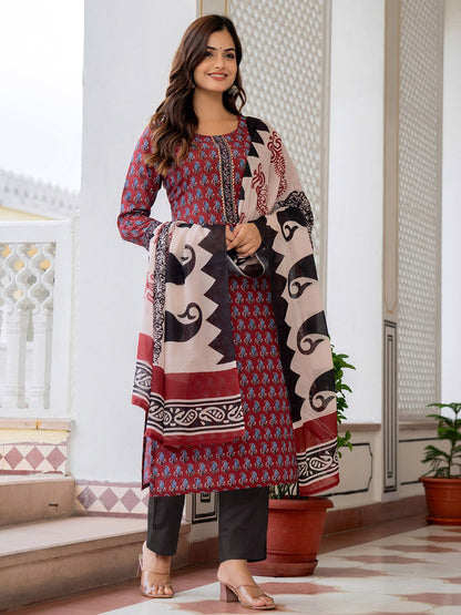 Dhiyona KL Ethnic Motifs Printed Regular Straight Kurta with Trousers & Dupatta