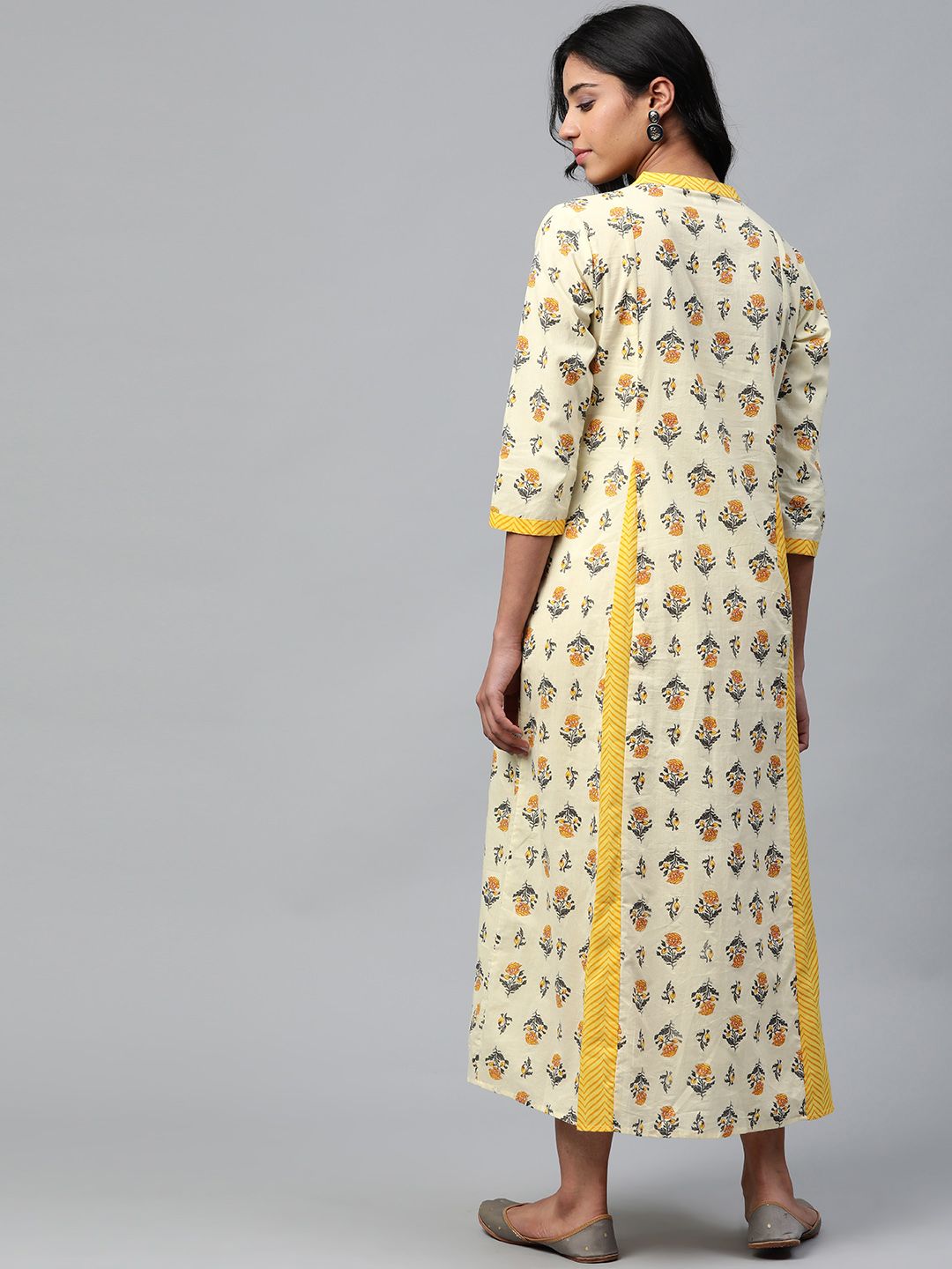 Dhiyona AY Women's Yellow Block Print Pure Cotton Maxi Nursing Dress