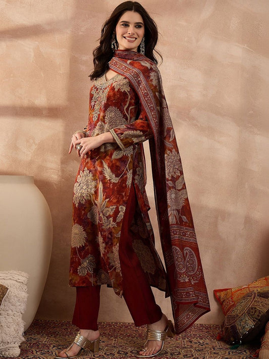 Dhiyona KL Women Ethnic Motifs Printed Regular Thread Work Kurta with Trousers & With Dupatta
