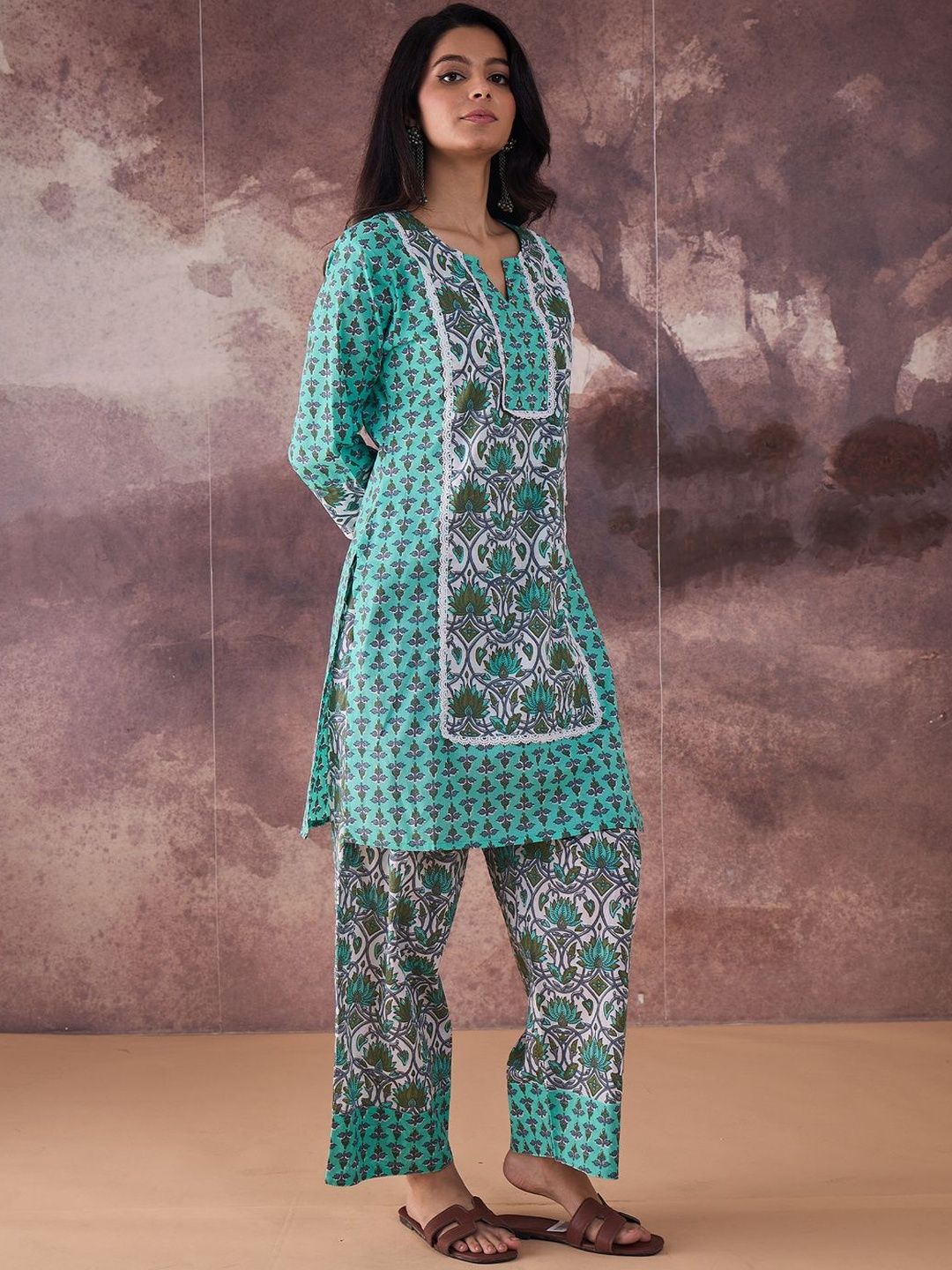 Ethnic Motifs Printed Notch Neck Pure Cotton Straight Kurta With Palazzos