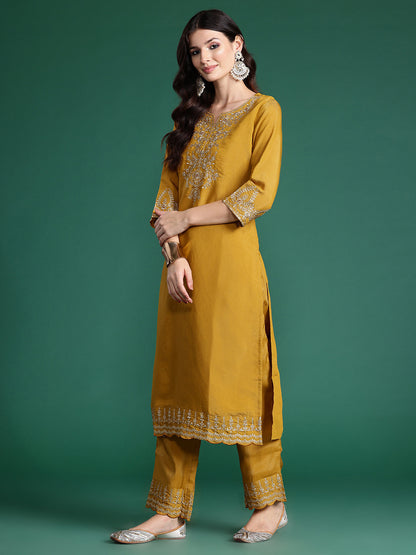 Ethnic Motifs Embroidered Yoke Kurta with Trousers & With Dupatta