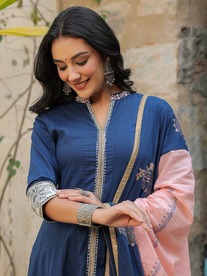 Dhiyona RR Women's Ethnic Motifs Printed Pure Cotton Anarkali Kurta With Churidar & Dupatta