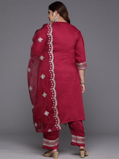Dhiyona Women's Plus Size Ethnic Motifs Embroidered Gotta Patti Kurta with Trousers & Dupatta