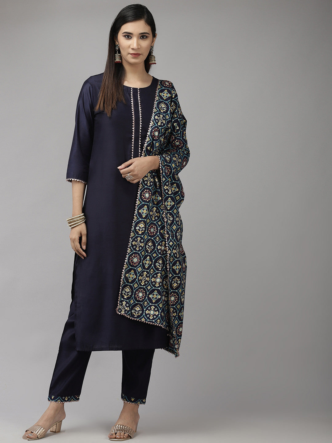 Women Navy Blue Gotta Patti Kurta with Trousers & With Dupatta