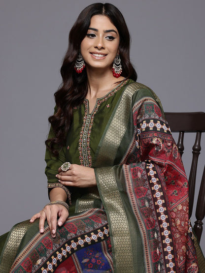 Olive Thread & Zari Embroidered Kurta with Trouser & Ethnic Printed Dupatta