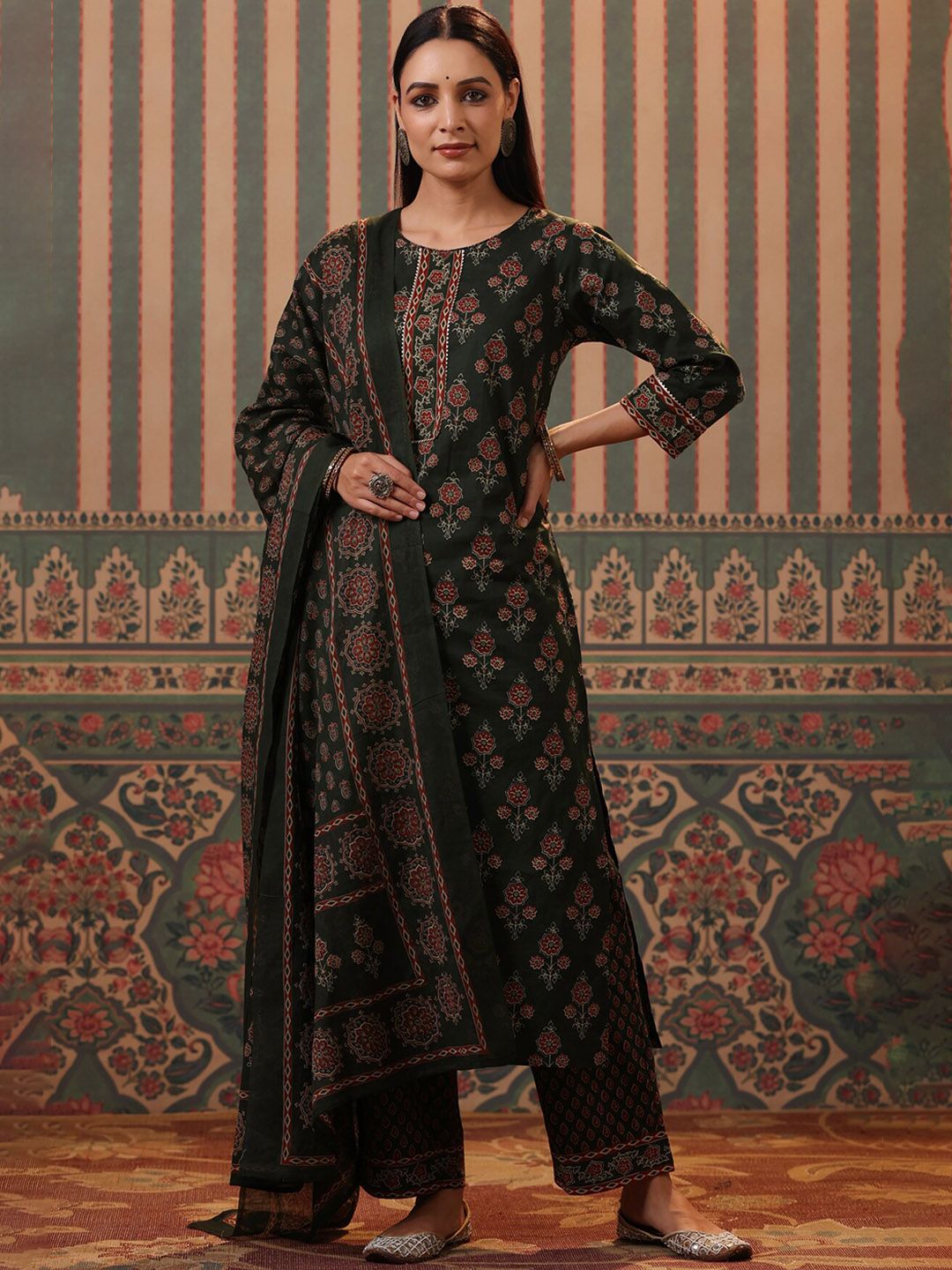 Dhiyona RR Women's Floral Printed Pure Cotton Kurta with Palazzos & Dupatta