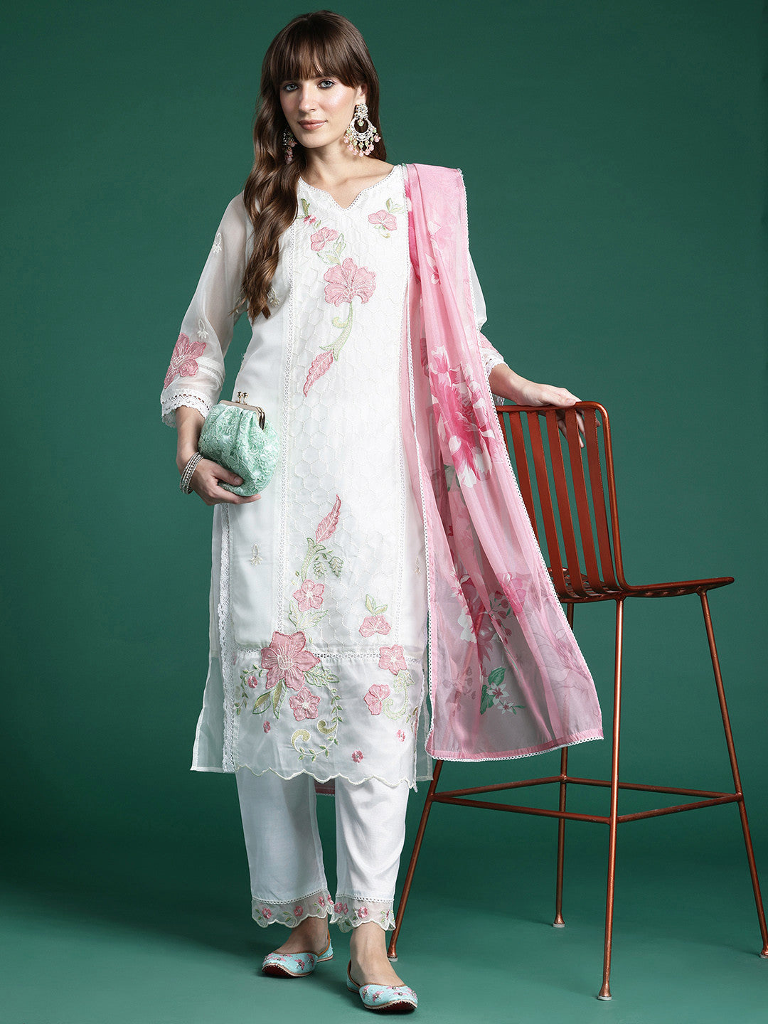 Women Floral Embroidered Panelled Thread Work Kurta With Trousers & Dupatta