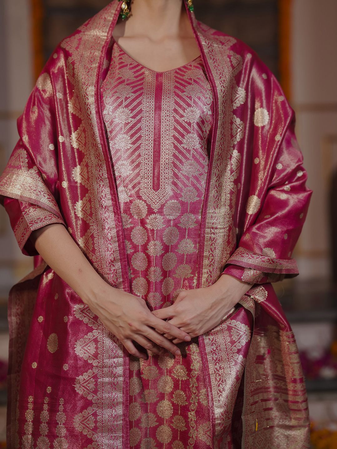 Ethnic Motifs Woven Design Straight Kurta with Trousers & With Dupatta