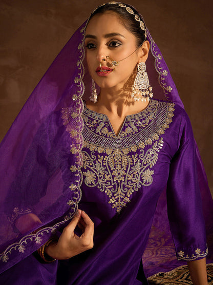 Purple Ethnic Motifs Zari Embroidered Kurta with Trousers & With Dupatta