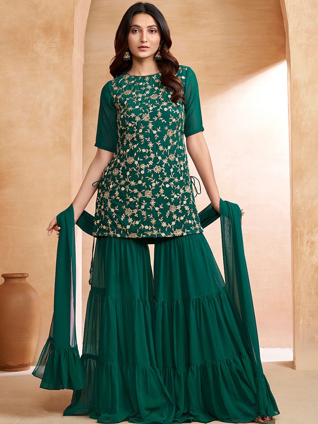 Dhiyona IN Floral Embroidered Kurta With Sharara & Dupatta