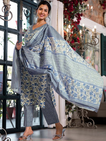 Dhiyona KL Floral Printed Regular Straight Pure Cotton Kurta with Trousers & Dupatta