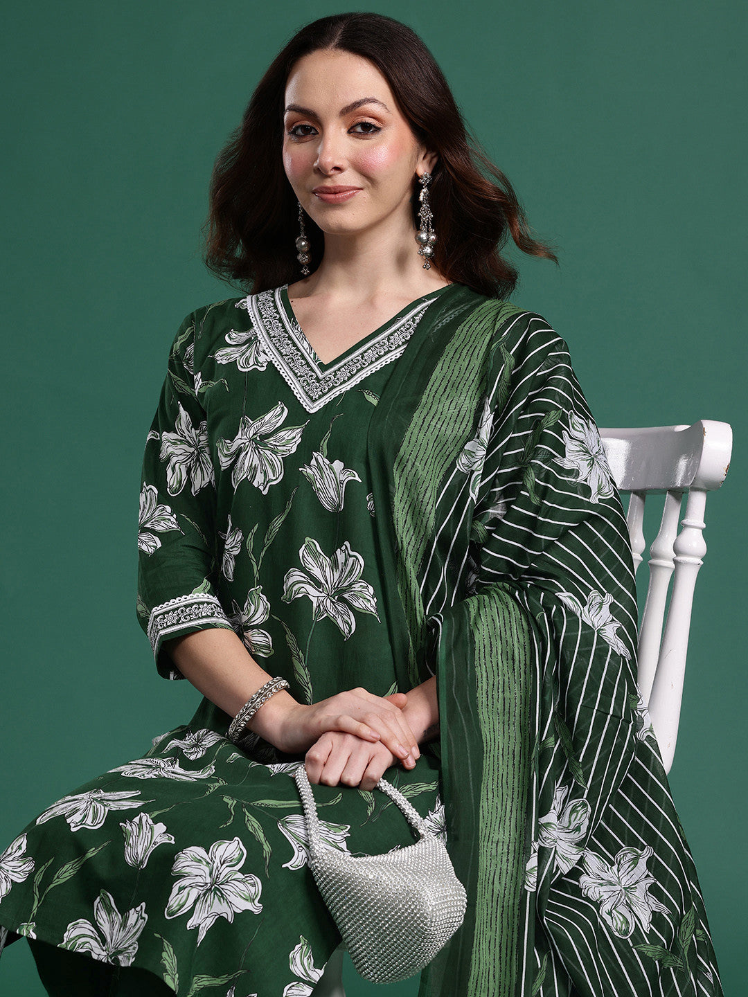 Floral Printed Regular Pure Cotton Kurta with Trousers & Dupatta