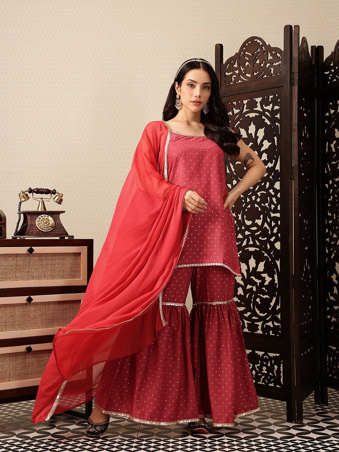 Dhiyona HOP Polka Dotted Sequinned Jashn Kurti with Sharara & With Dupatta