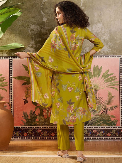 Printed Round Neck Kurta & Trousers With Dupatta