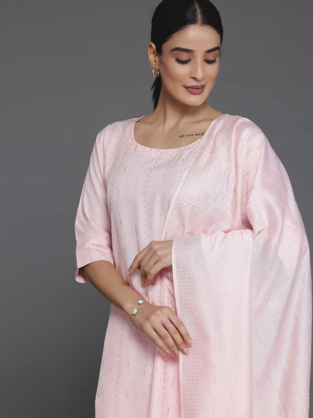 Women's LB Peach Self Design Silk Blend Straight Suit With Dupatta