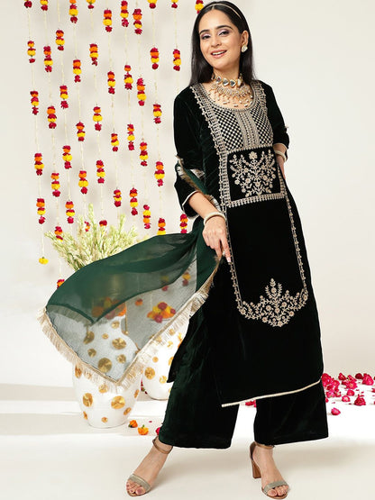 Dhiyona VA Green Ethnic Motifs Embroidered Velvet Straight Kurta & Palazzos With Dupatta