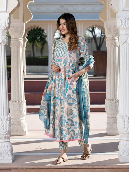 Dhiyona KL Floral Printed Round Neck Pure Cotton Anarkali Kurta with Trousers & Dupatta