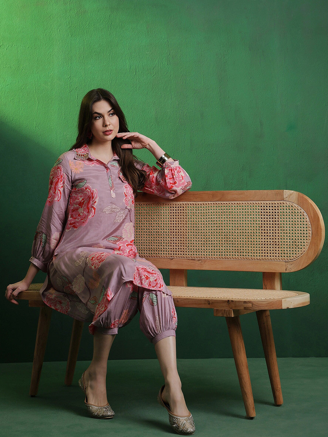 Dhiyona SN Floral Printed Shirt Collar Mirror Work Pathani Kurta & Trousers