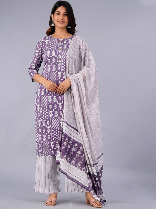 Dhiyona KL Ethnic Motifs Printed Pure Cotton Kurta With Palazzo & With Dupatta