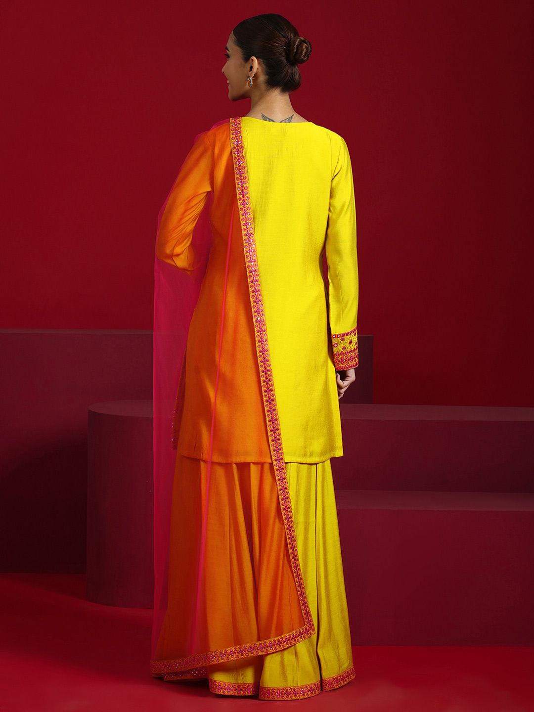 Dhiyona LL Floral Embroidered Mirror Work Straight Kurta With Palazzos & Dupatta