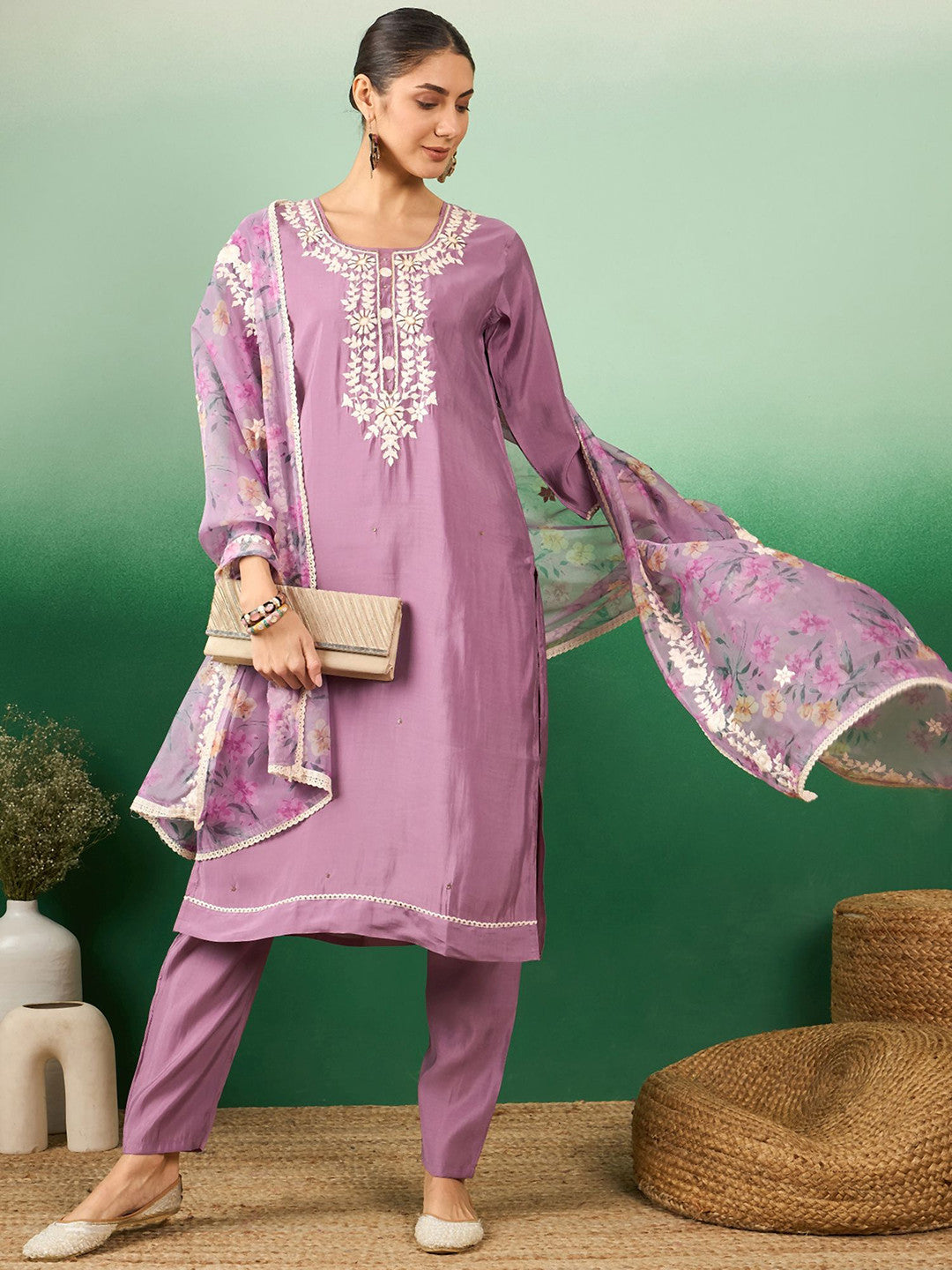 Purple Floral Embroidered Jacquard Straight Kurta With Trousers & Dupatta