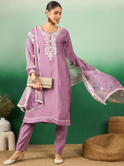 Purple Floral Embroidered Jacquard Straight Kurta With Trousers & Dupatta