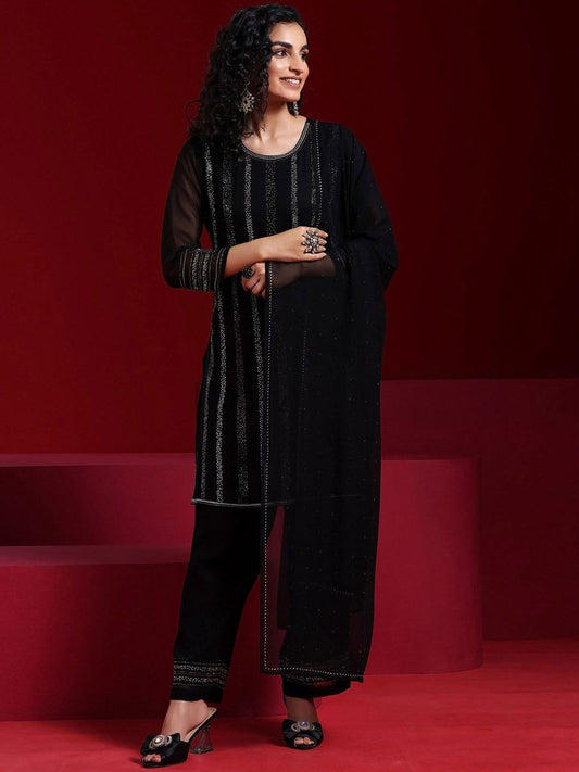 Dhiyona LL Striped Regular Beads and Stones Kurta with Palazzos & Dupatta