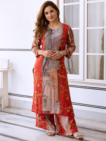 Dhiyona IS Women's Abstract Printed Round Neck Straight Kurta with Palazzos