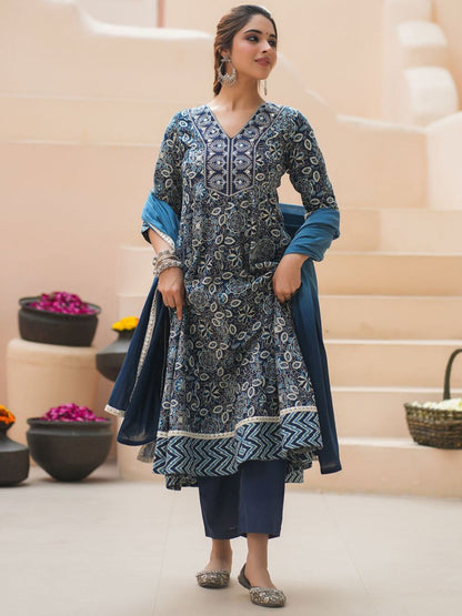 Dhiyona RR Women's Floral Printed Cotton Kurta with Trousers & Dupatta