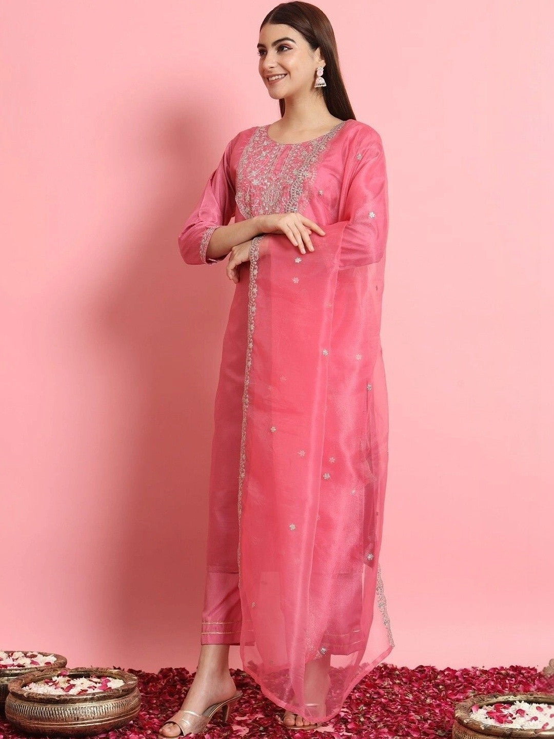 Women Embroidered Regular Kurta with Trousers & With Dupatta