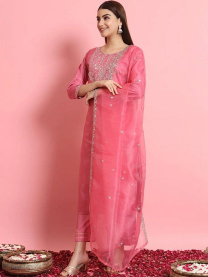 Women Embroidered Regular Kurta with Trousers & With Dupatta